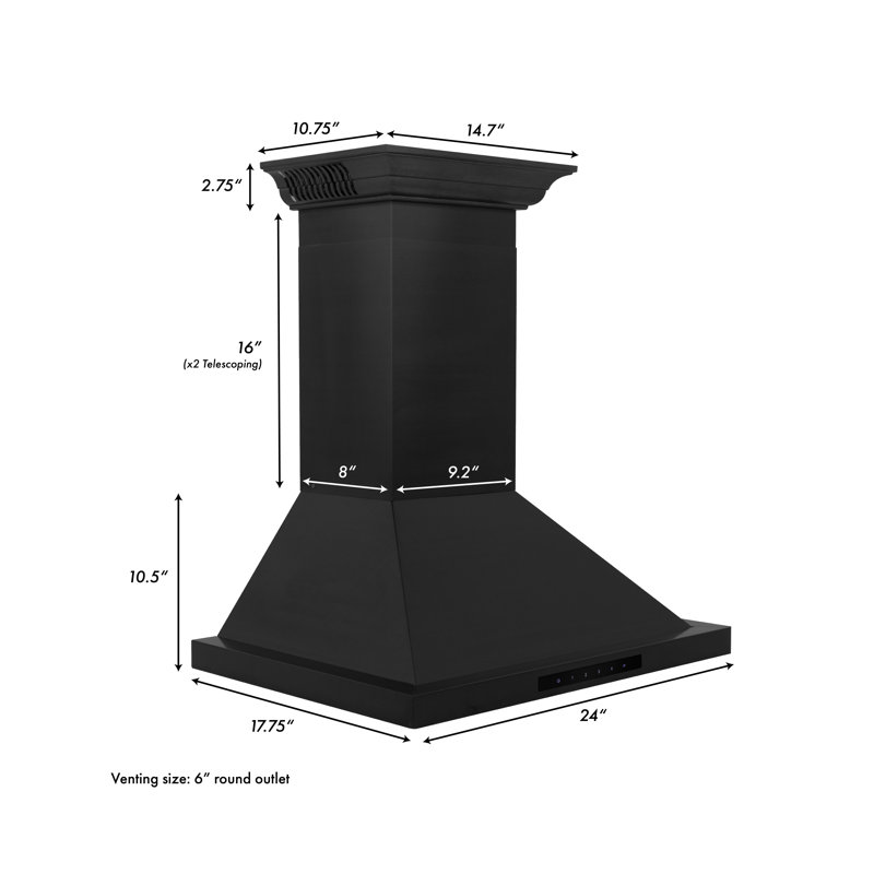 24" Crown Sound 400 CFM Ducted Wall Mount Range Hood with Wi-Fi, Black Stainless Steel