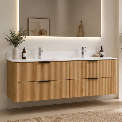 Meuble-lavabo mural flottant cannelé à grain de bois en chêne 60 po avec meuble-lavabo moderne avec lavabo double en acrylique intégré et 4 tiroirs à fermeture en douceur Schlater