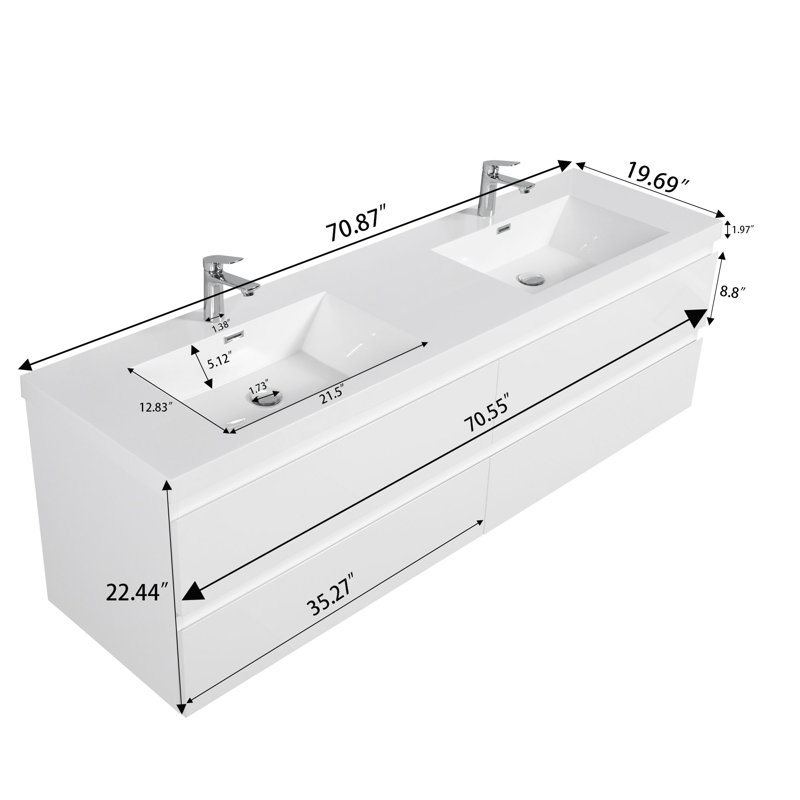 Meuble-lavabo flottant mural 72 po blanc brillant avec double comptoir blanc, Blanc