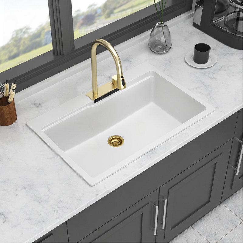 Drop In Waterfall Kitchen Sink - 33X22" White Composite Granite Quartz Single Bowl Workstation Kitchen Sink With Pull-Out Faucet