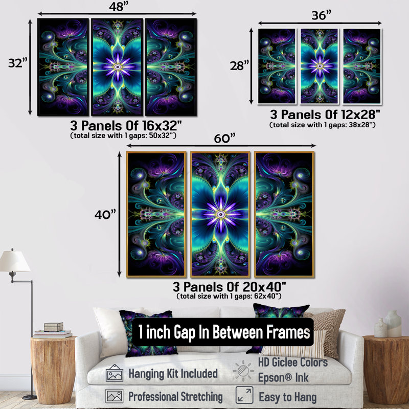 Turquoise néon fractal fleurs I - ensemble d'art mural mandala boho, H 40 po x l 60 po x P 1 po, Cadre flottant brun