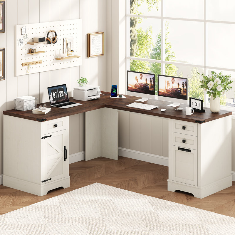 Rustic Corner Executive Desk with Storage Cabinet & Charging Ports, Farmhouse L-Shaped Computer Desk with File Drawers for Home Office