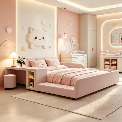Upholstered Low Profile Montessori Bed With Built-in Desk, Stool, Storage Cubbies And Safety Guardrails