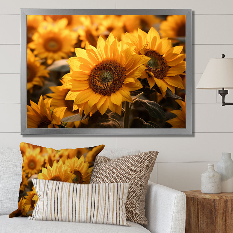 Yellow Sunflowers Field - Floral Wall Decor, H 24 po x l 32 po x P 1 po, Cadre photo argenté