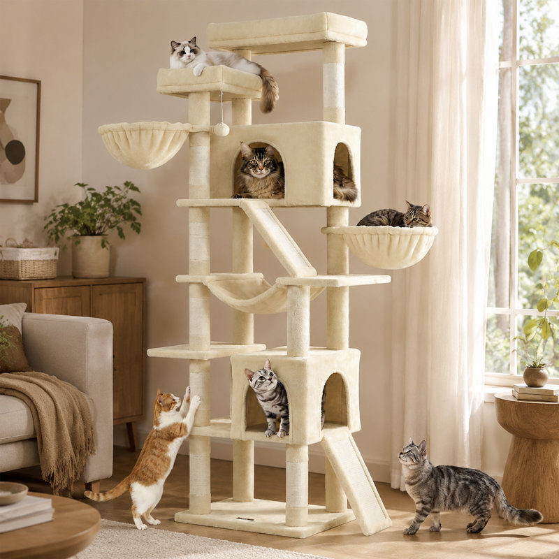 Arbre à chat en sisal beige à 6 niveaux avec condos et hamacs, H 81,6 po x l 22,1 po x P 18,2 po, Beige