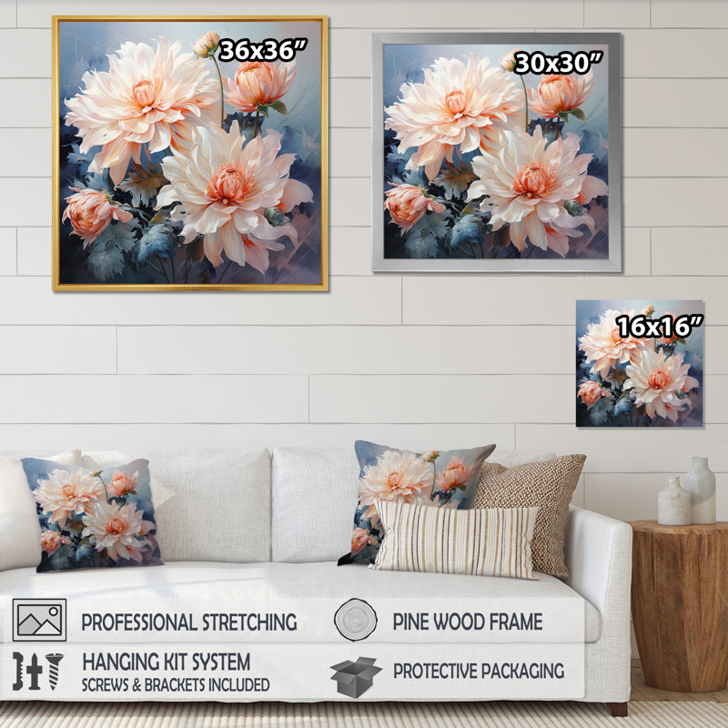 Impression romantique «I Peach Chrysanthemums Peach», H 16 po x l 16 po x P 1 po, Cadre photo argenté