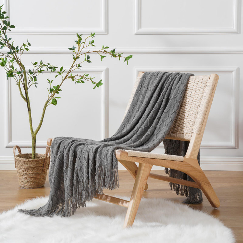 Dark Grey Knitted Acrylic Throw Blanket with Fringe, 50"x60"