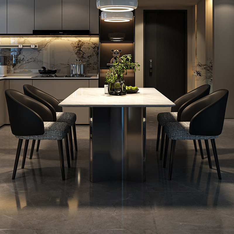 White Rectangular Stone with Metal Dining Table, 29.53"H x 62.99"L x 31.50"W