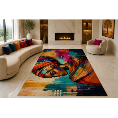 Tapis africain « ultra-léger » de grande taille (201 x 300 cm) à motif femme, idéal pour le salon, la chambre à coucher et le bureau. Moquette douce à poils courts avec envers antidérapant en silicone, couleur turquoise et orange.