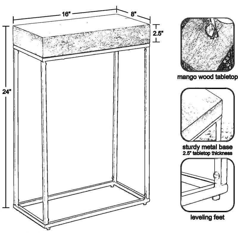Table d'appoint moderne transitionnelle étroite avec un design mixte de bois et de métal | Table de chevet compacte pour les petits espaces