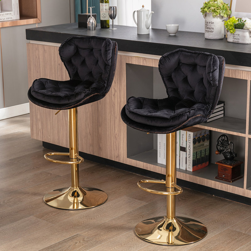 Ensemble de 2 tabourets de bar réglables avec repose-pieds chromé et base pivotante, Noir