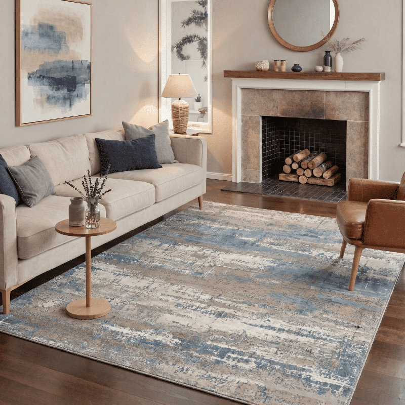 Aura Modern Abstract Machine Washable Blue / Beige / Brown Indoor Area Rug with Non-Slip Backing, Rectangle 8' x 10'