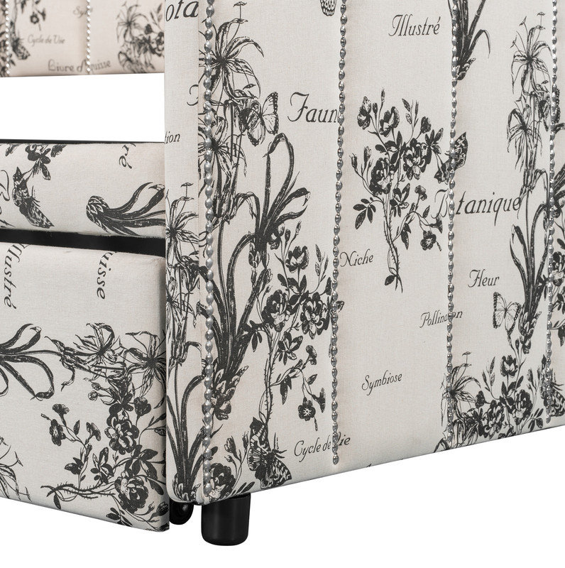 Lit de jour simple rembourré avec couchette escamotable et ports de chargement USB, imprimé botanique