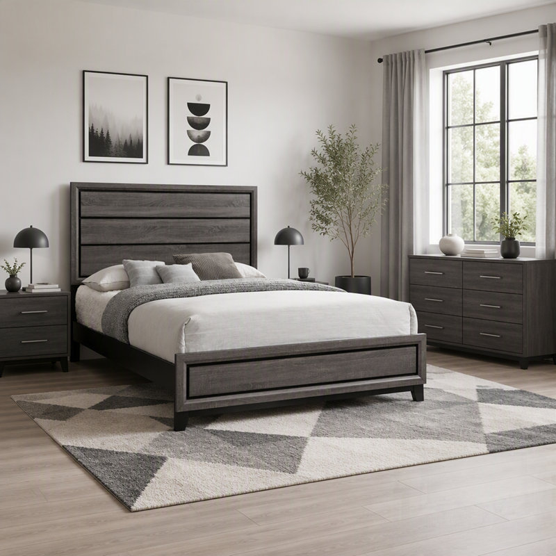 Lit à panneaux rustiques aux lignes noires épurées, cadre durable et ambiance apaisante pour les chambres modernes