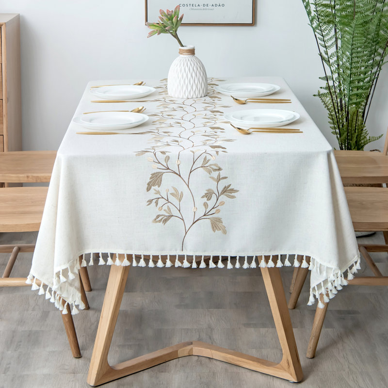 Nappe de haute qualité lavable et infroissable avec pampille (feuille), Beige, L 55 po x P 86 po