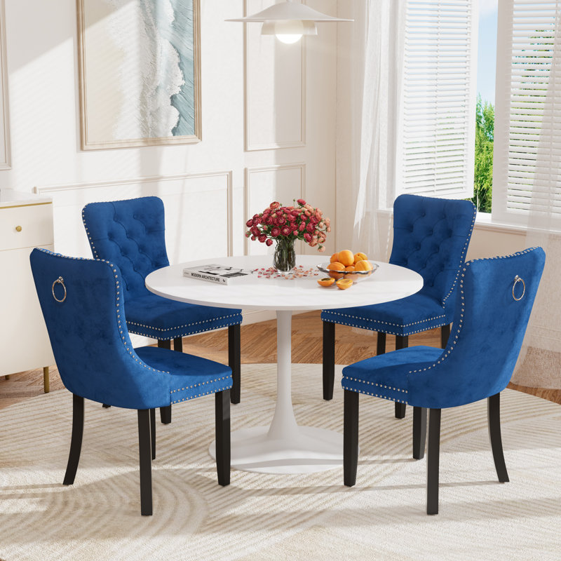 5-Piece Modern Dining Set: 42.1" Marble-Look MDF Table & 4 Velvet Upholstered Chairs, Blanc, Bleu