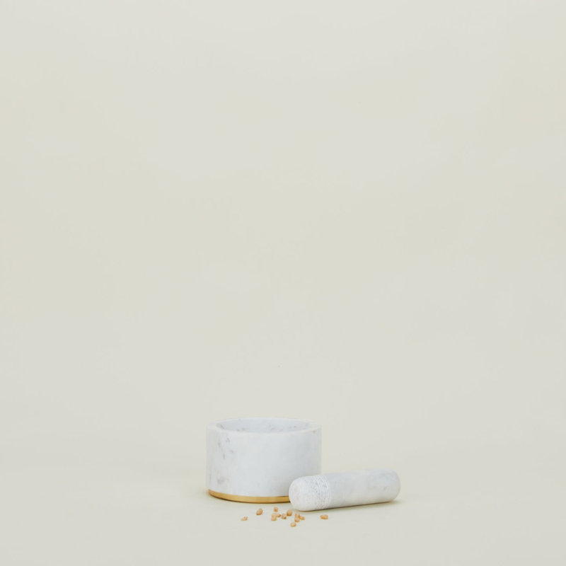 White Marble and Brass Mortar and Pestle Set