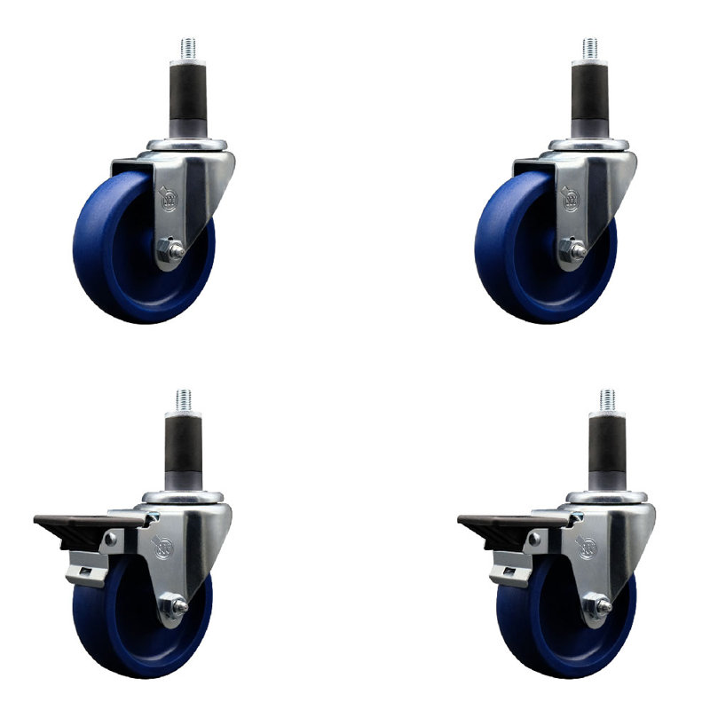 Solid Poly Wheel Swivel Expanding Stem Caster Set 2 Brakes SCC PLB 4" x 1-1/4"