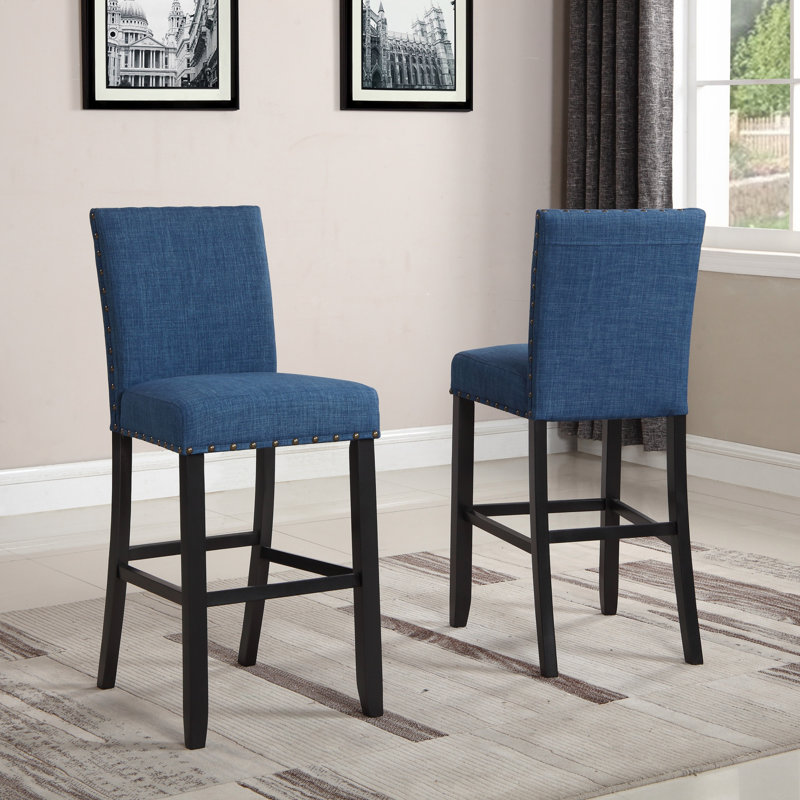 Tabourets de bar en tissu avec garniture cloutée, ensemble de 2, Bleu