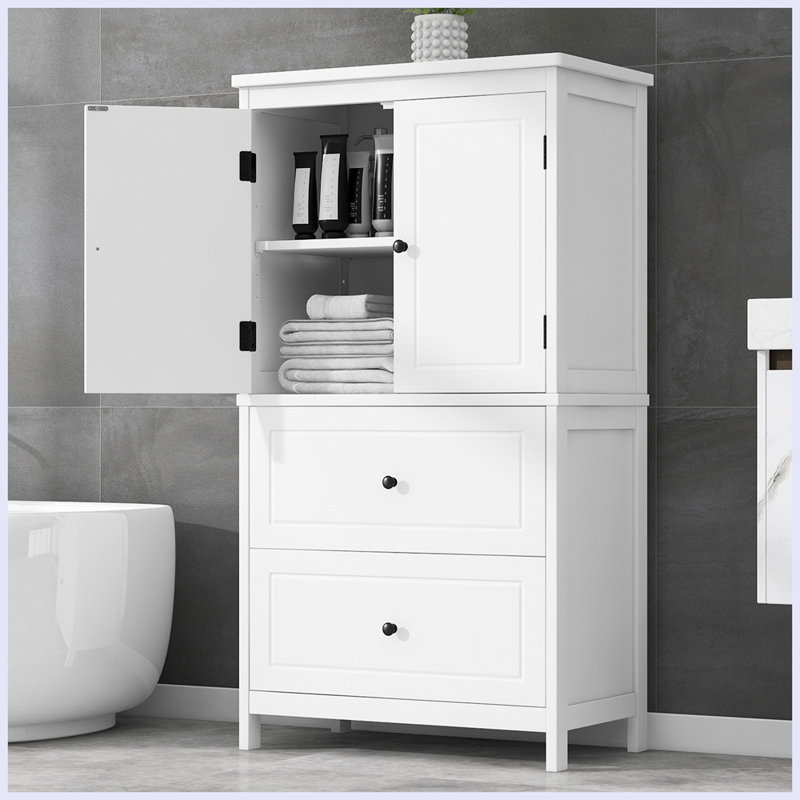 Armoire de rangement pour salle de bain, armoire avec deux portes et tiroirs, tablette réglable, Blanc