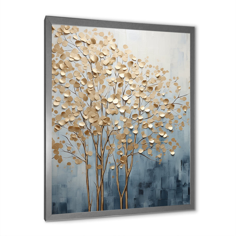 Minimalisme, arbres dorés et bleus scène VII - arbres, art mural, H 32 po x l 24 po x P 1 po, Cadre simple argenté