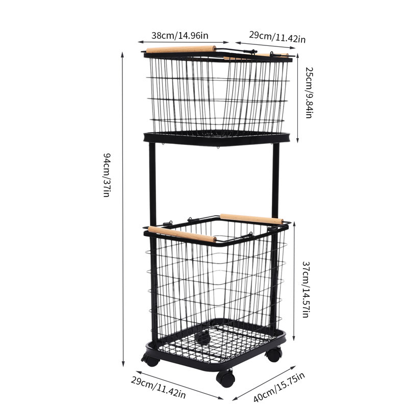 2-Tier Laundry Basket Metal Laundry Hamper With Wheels, Black