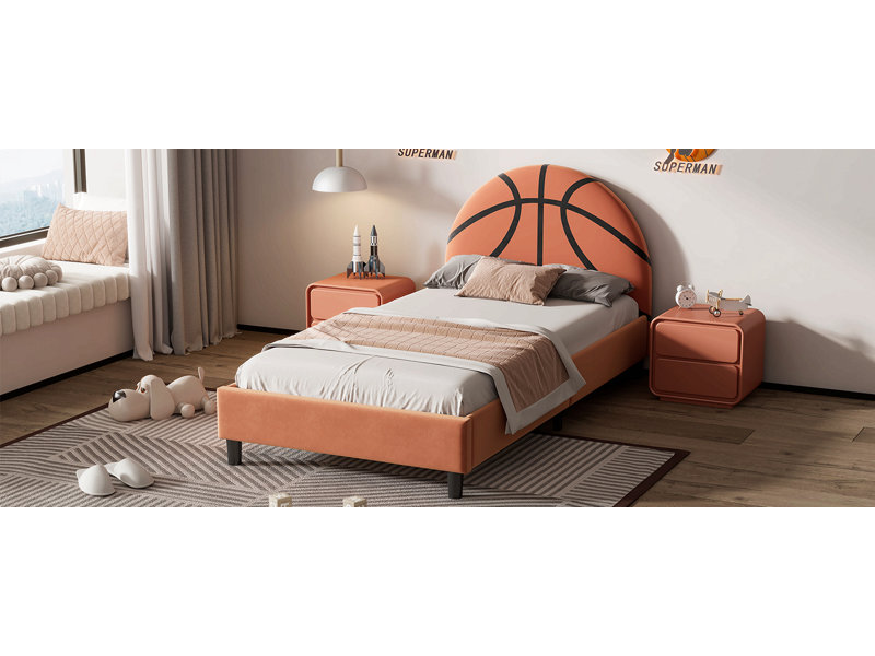 Lit plateforme tapissier Basketball Design pour enfants, orange