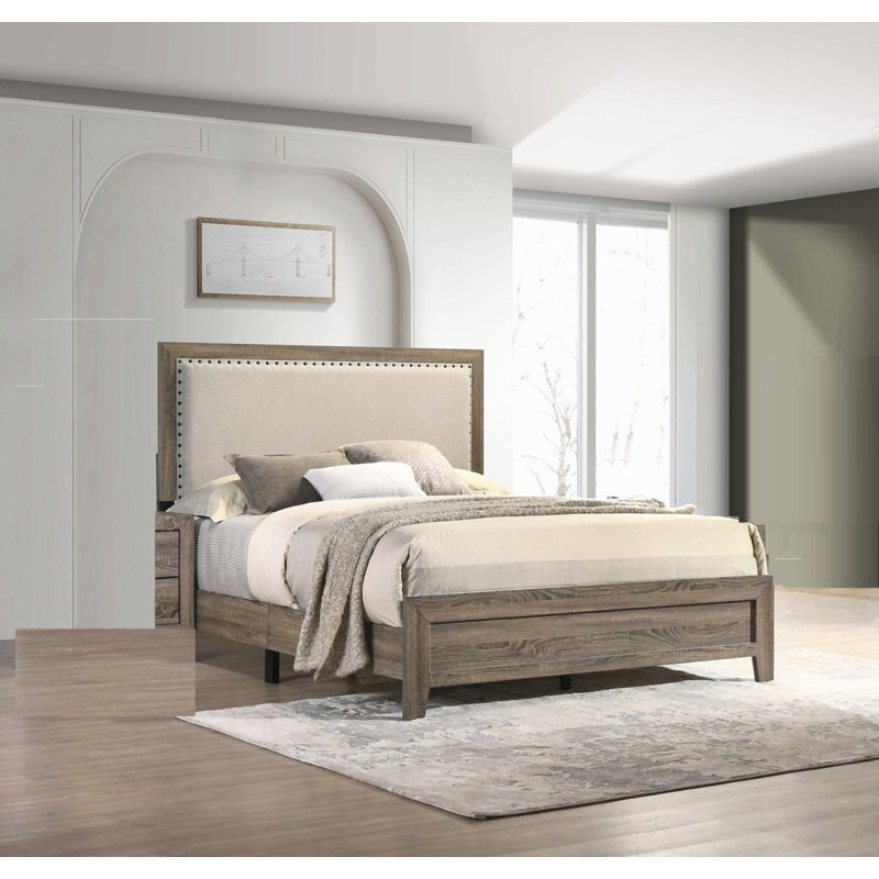 Mobilier de chambre à coucher en bois avec tête de lit cloutée et capitonnée, Grand lit