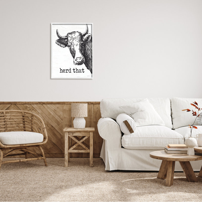 " Herd That Phrase Rustic Longhorn Cattle Portrait " by Lettered And Lined, Coastal White Framed Giclee