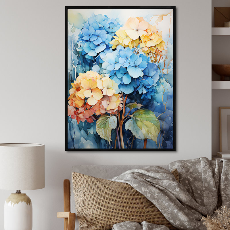 Hydrangea Blooms en bleu et jaune, reproduction sur toile, Cadre flottant noir, H 32 po x l 24 po x P 1 po