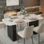 Table de salle à manger rectangulaire en verre trempé avec motif en marbre et base noire à double piédestal-674401424