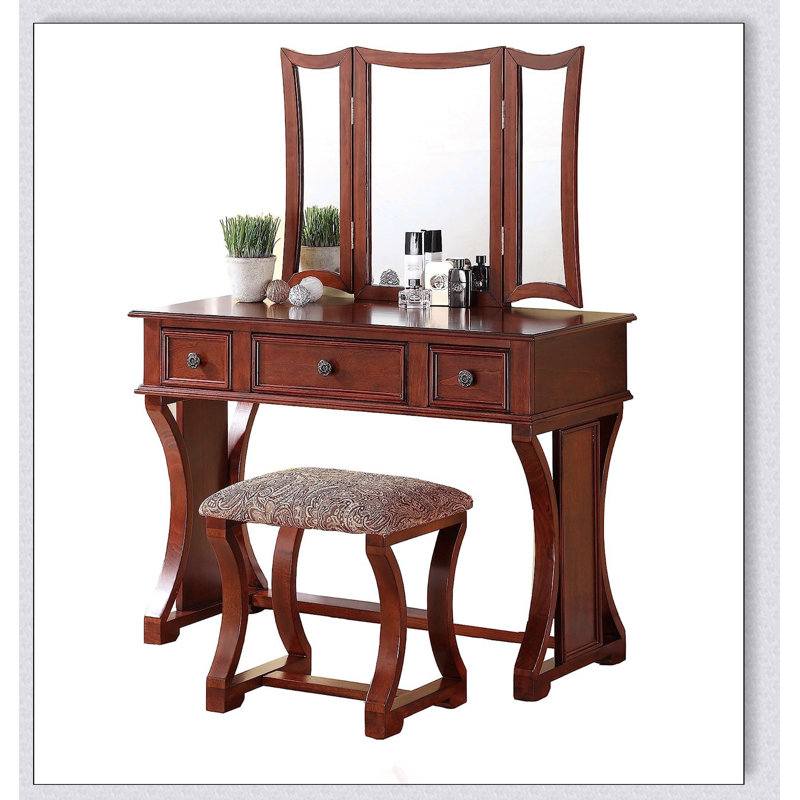 Ensemble de meuble-lavabo moderne unique avec tabouret, miroir pliable et tiroirs, placage en panneau de fibres à densité moyenne, charme rustique et élégance