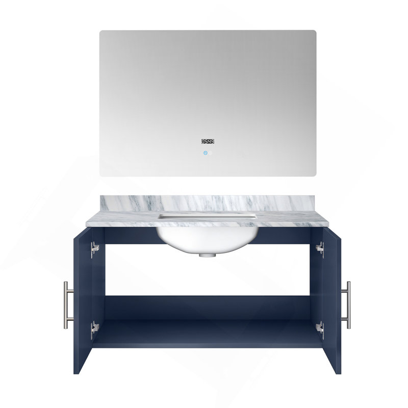 Meuble-lavabo bleu marine 36 po X P 22 po D, plateau en marbre de Carrare et Miroir à DEL