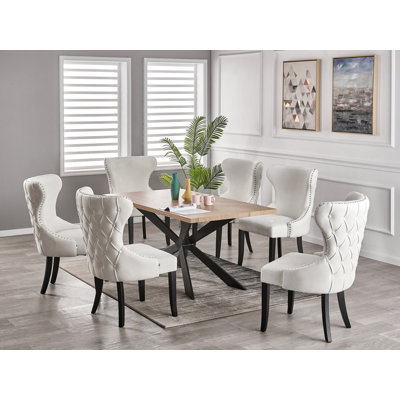 Devries 6 Person Dining set - a Rectangular Wooden Dining Table with Metal Legs and a Set of 6 Quilted Velvet Dining Chairs for Dining Room - Modern Dining Table Set