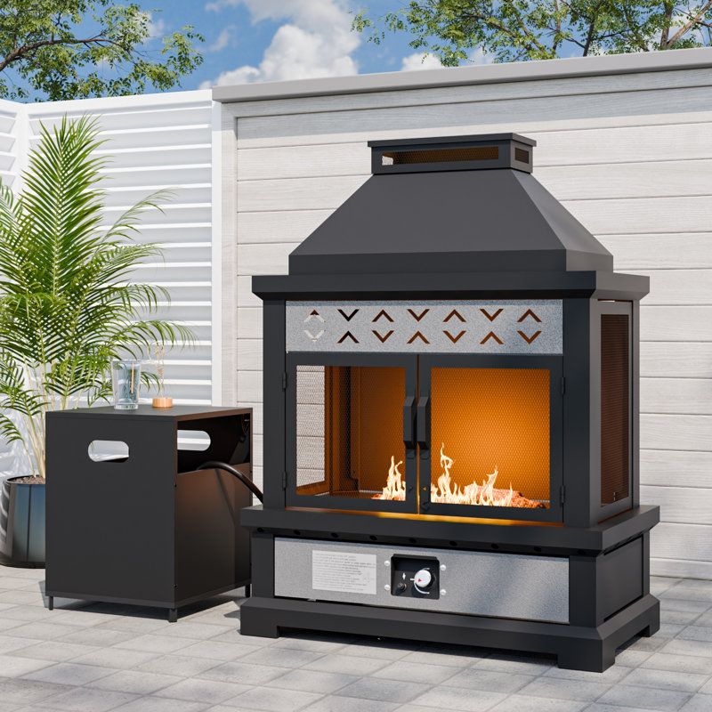 Smoke-Free Rectangular Propane Fireplace with Tank Cover, 50,000 BTU Outdoor Fire pit with Extra Cover, Hose, Ceramic Logs and Auto Ignition