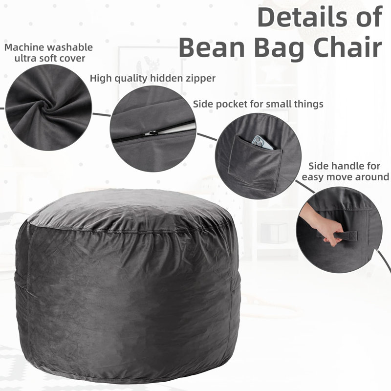 3Ft Velvet Memory Foam Bean Bag - Plush Adult Lounger With Removable Washable Cover