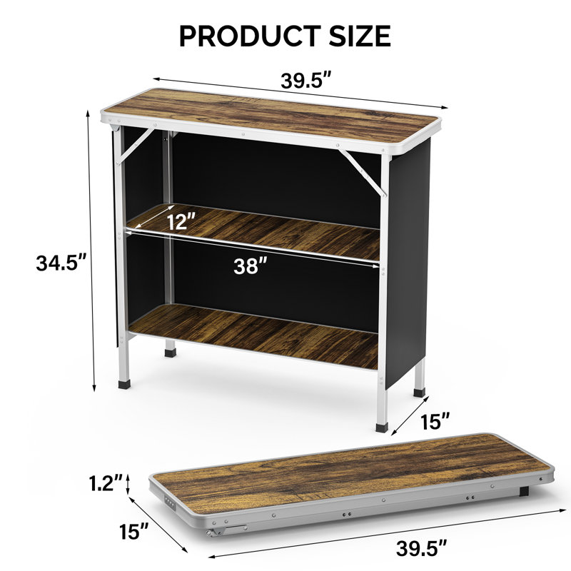 Black Rectangular Aluminum Patio Folding Bar Table, H 34,65 po x L 38,98 po x l 14,96 po, Brun