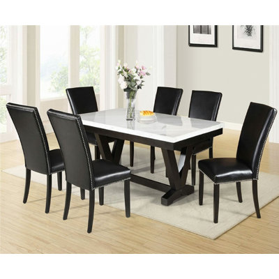Modern Faux Marble Dining Room Rectangular Table V-Shape Trestle Design Wooden Base 1pc Furniture