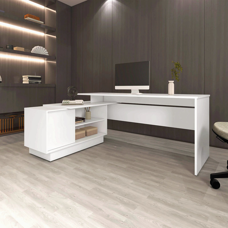 Bureau blanc en L avec 1 porte et 5 tablettes