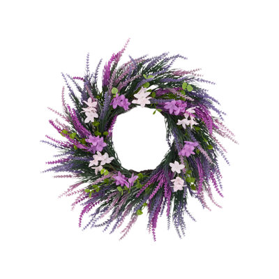 Artificial Lavender Wreath for Front Door – 20 Inch Spring Wildflower Floral Decor – Home and Porch Decoration – Purple Accents