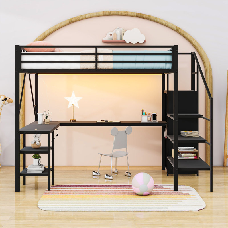 Metal Loft Bed With Open Wardrobe, LED Light, Desk, Charing Station And Storage Stair, Full, Black