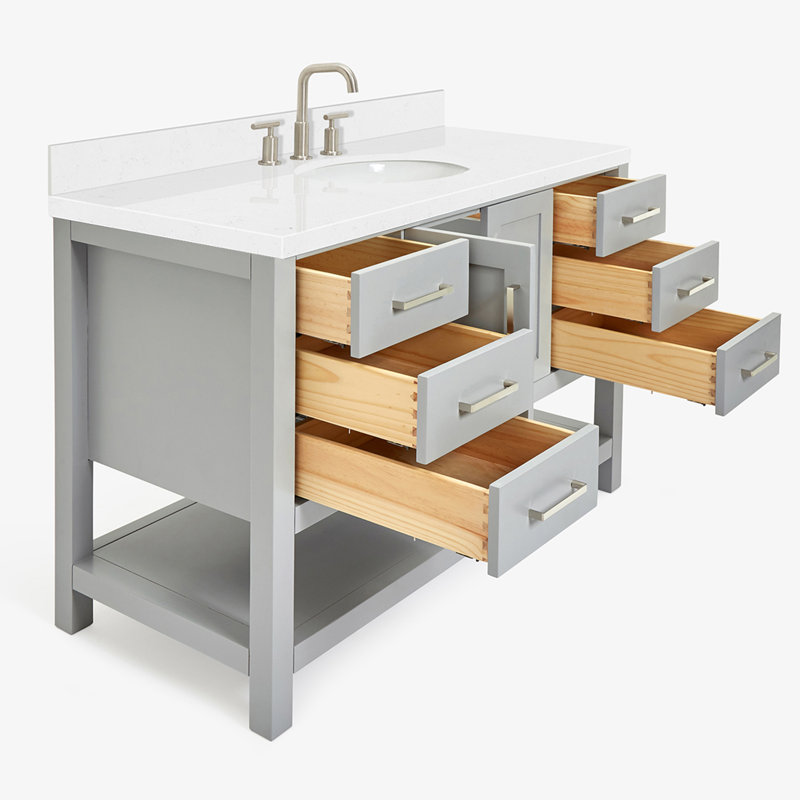 Meuble-lavabo simple gris ARIEL de 48 po avec plateau en quartz blanc Carrara et lavabo ovale, Oval, Gris