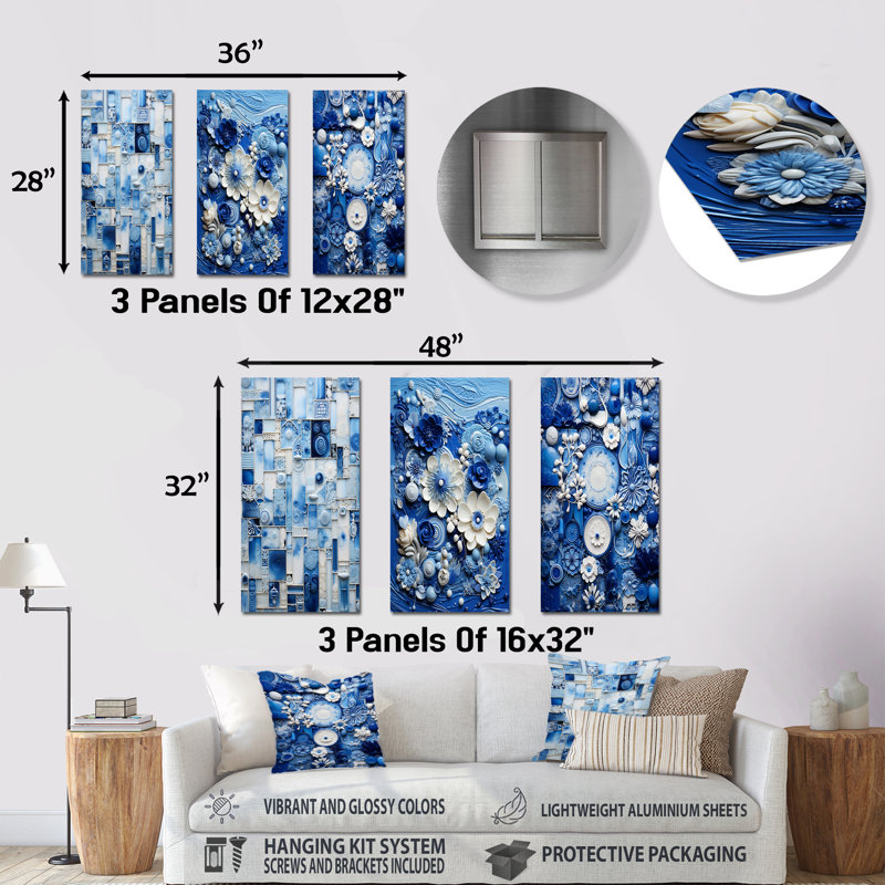 Blue And White Botanical Tiles I - Abstract Tile Metal Art Print Set Of 3, 28" H x 36" W