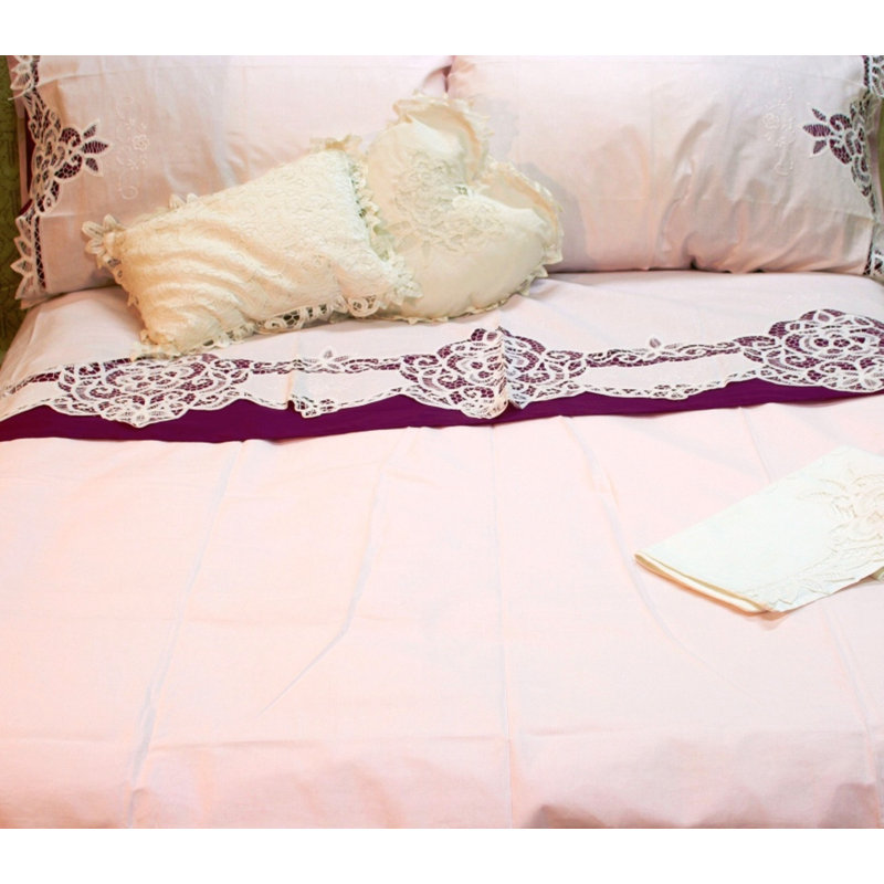 Ensemble de draps en percale de coton de qualité égyptienne 200 fils 4 pièces Battenburg, Rose pâle