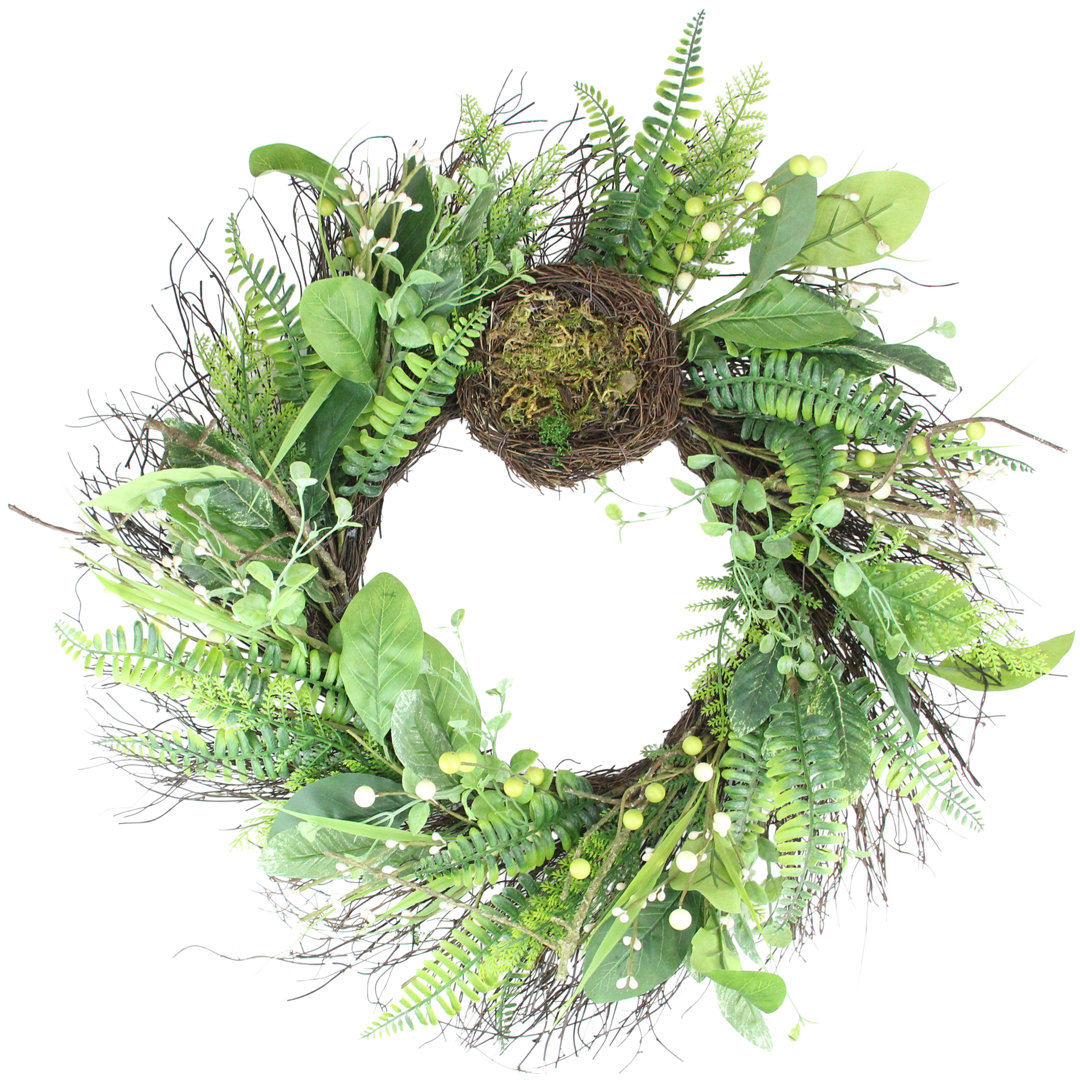 Green and Brown Foliage Artificial Spring Wreath with Nest - 24-Inch Unlit Primrue