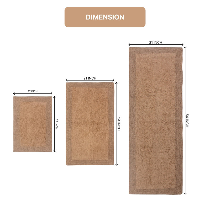Bruss Luxury 100% Cotton Reversible Bath Rug (Set of 3), Linen