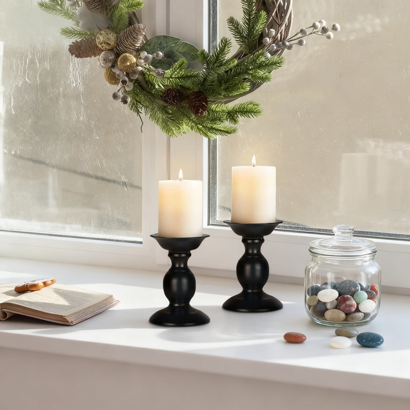 2-Pack Pillar Candle Holders For 3-Inch Candles, Iron Metal Candlesticks With Heavy Base For Stability, Decorative Centerpiece For Wedding, Home, Party, And Spa Decor