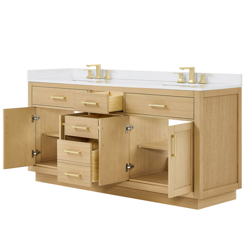 Meuble-lavabo double 72 po Beckett, Carrara Cultured Marble, Brushed Nickel, Rift Oak