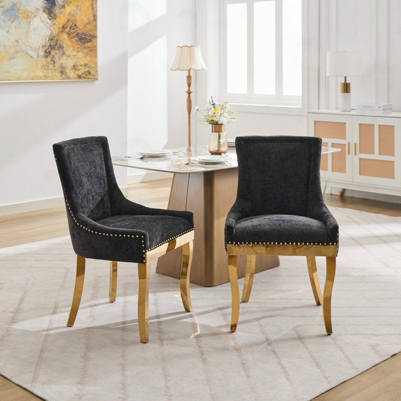 Chaises de salle à manger en chenille avec pieds courbés plaqués or, Noir