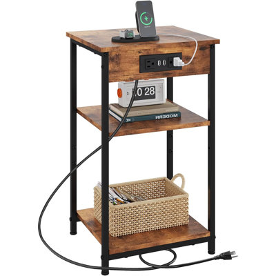 End Table With Charging Station, Small Night Stand With 3 Storage Shelves, Side Tables For Small Spaces, Bedside Tables For Living Room, Bedroom, Rustic Brown
